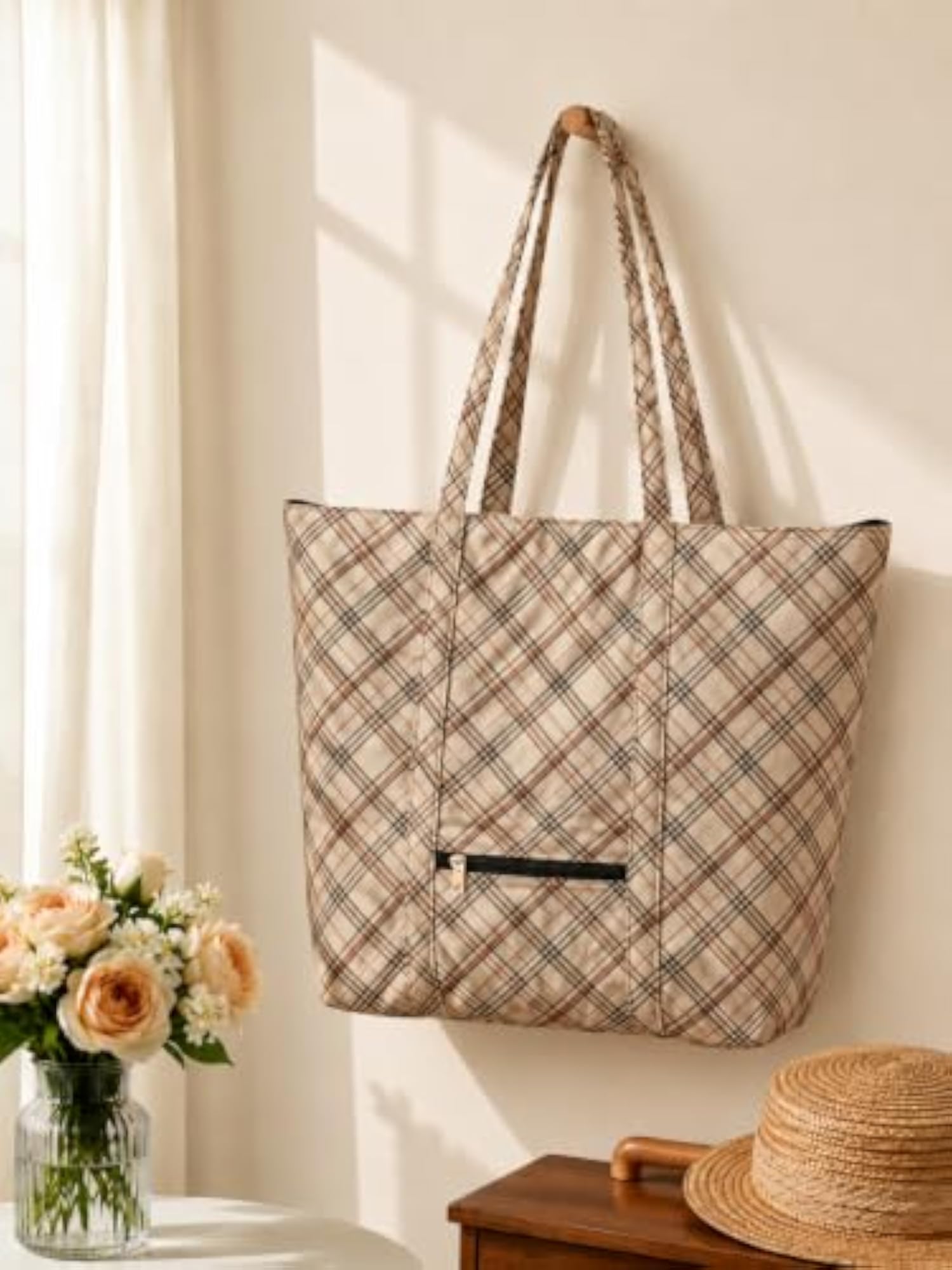 Beige Checkered Foldable Waterproof Travel Tote Bag for Women